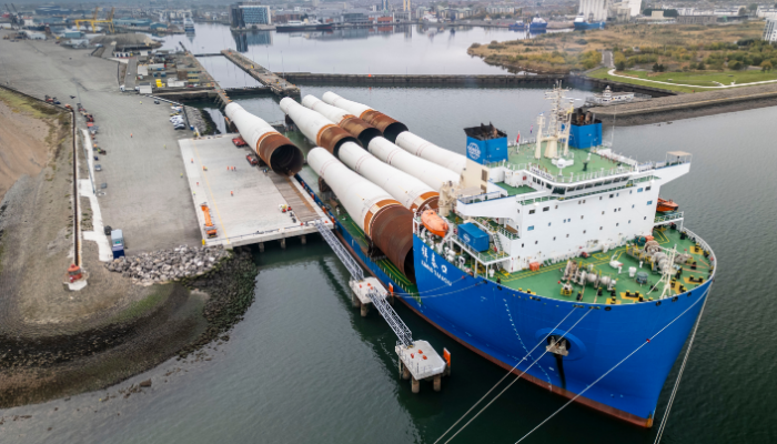 XXL Monopiles for the Inch Cape project being unloaded at Port of Leith